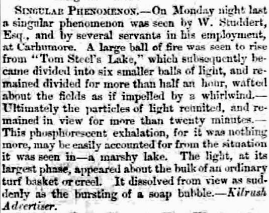 Ball of Fire Rises From Lake - Belfast Morning Northern Ireland News 9-28-1860
